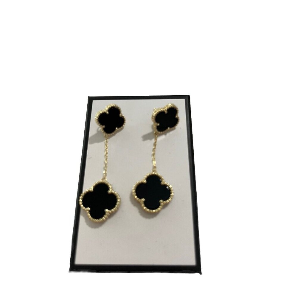 NWB 925 Gold Plated Clover Hanging Earrings Onyx 925 WOMEN Elegant Classy